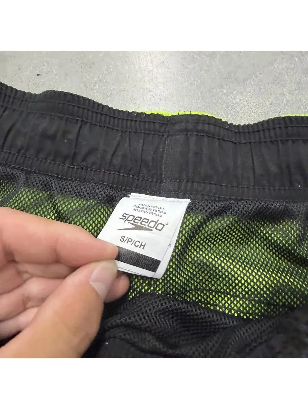 Y2K Men's Speedo Branded Swim Shorts Black and Neon Sized Small